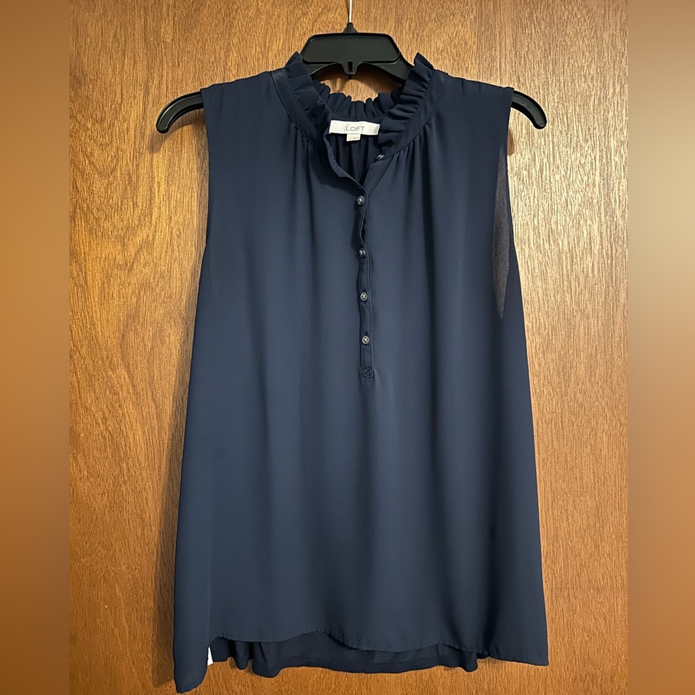 LOFT Dark Blue Ruffle Collar Top